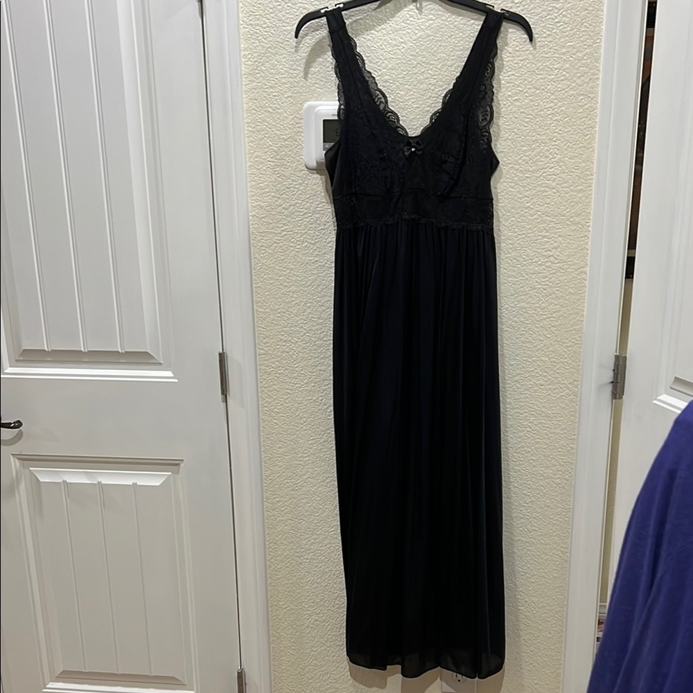 Shadowline Negligee Long Black with See-Through Lace Front and Empire Waistband